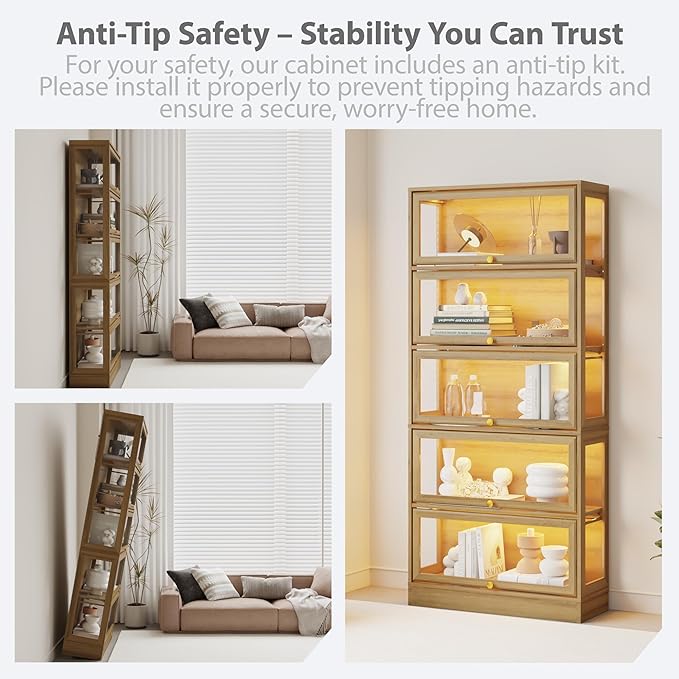 Display Cabinet with Acrylic Glass Doors, 5-Tiers Curio Cabinet with LED