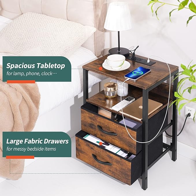 Yoobure Nightstand with Charging Station, LED Night Stand with Fabric Drawers
