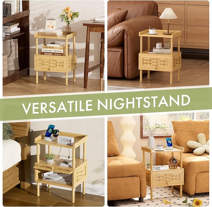 Amazer Nightstand with Charging Station, Bedside Table Bamboo with USB Ports &