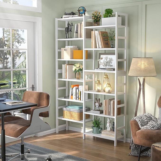 Homykic Double Wide Bamboo Bookshelf White, 6-Tier Large Open Bookcase