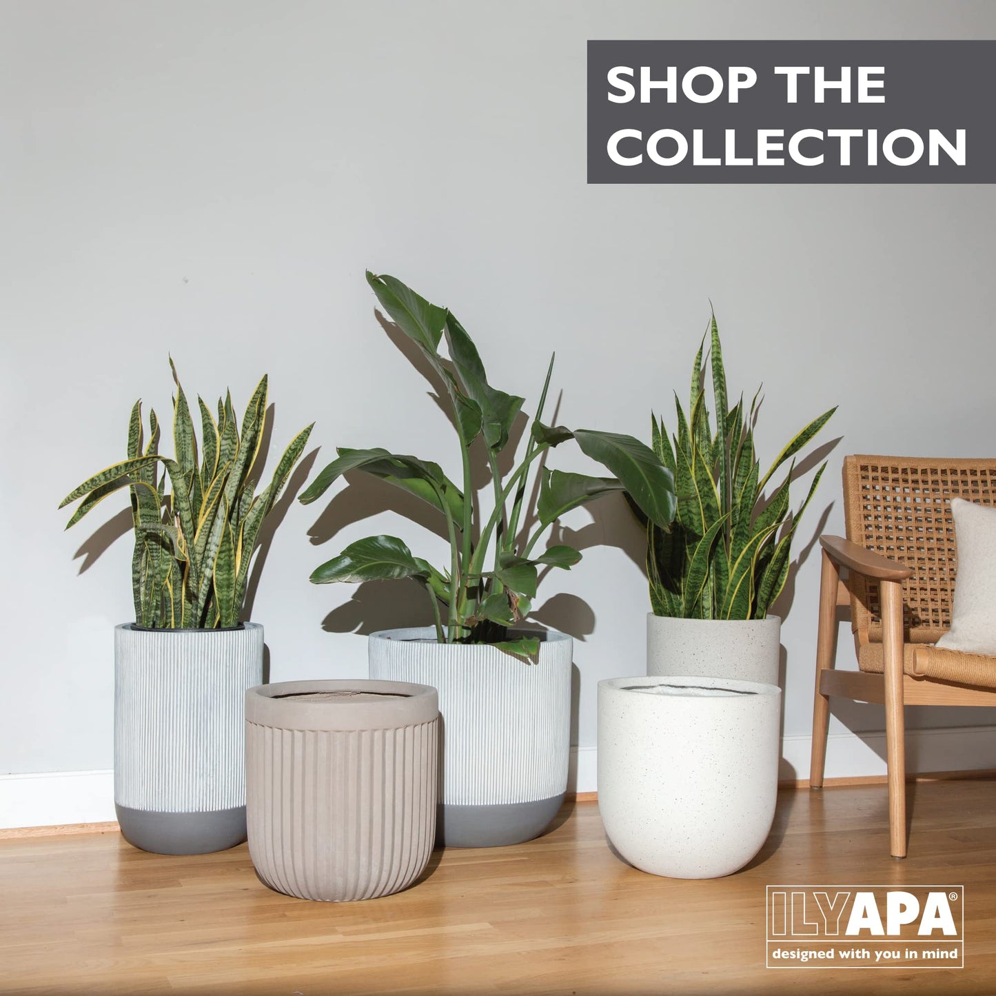 Ilyapa 14x14 inch Fluted Large Modern Concrete Outdoor Planter, Large Indoor Plant Pot with Drainage - 14 Inch Pots for Plants, Indoor/Outdoor