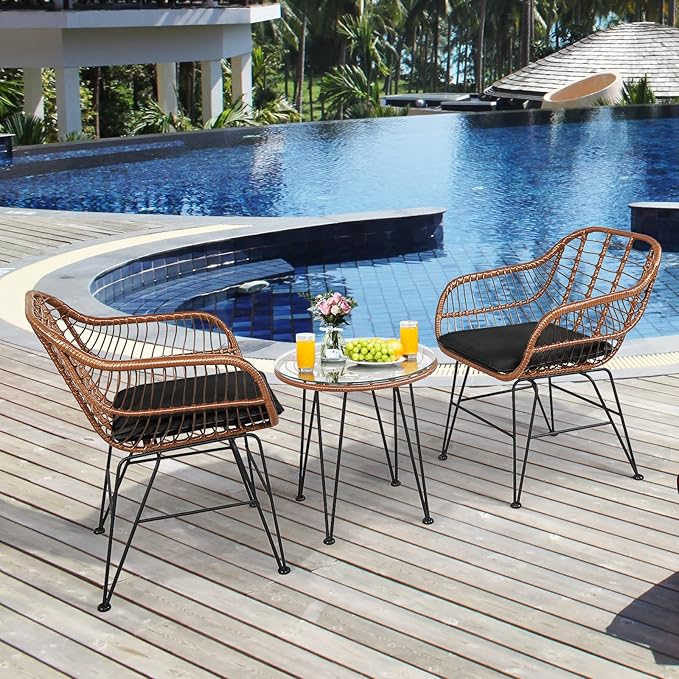 Tangkula 3 Pieces Patio Conversation Bistro Set, Outdoor Wicker Furniture