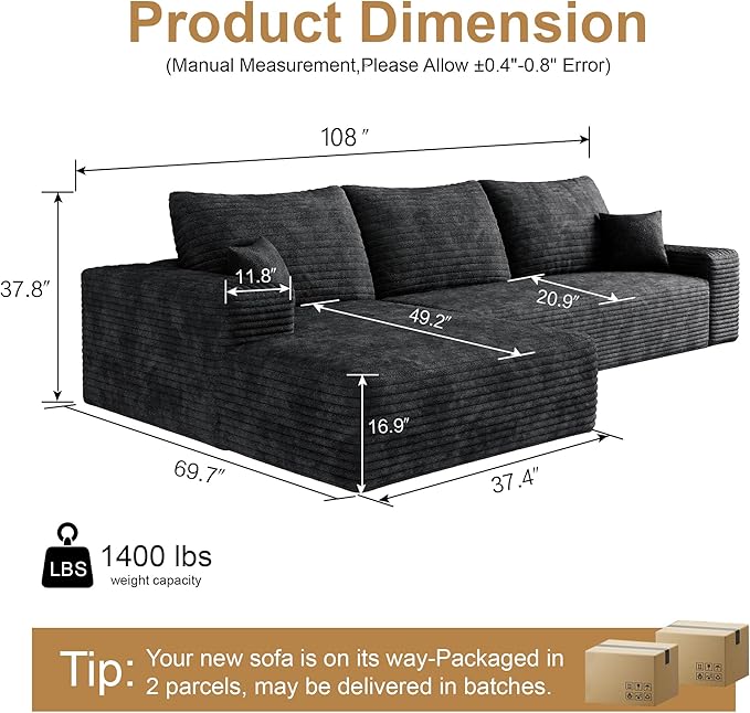 108" Sectional Couches for Living Room Cloud Couch Sofa