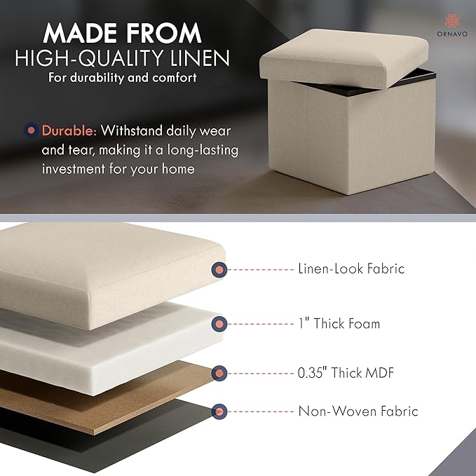 Ornavo Home Small Storage Ottoman Foldable Collapsible Cube Square Linen