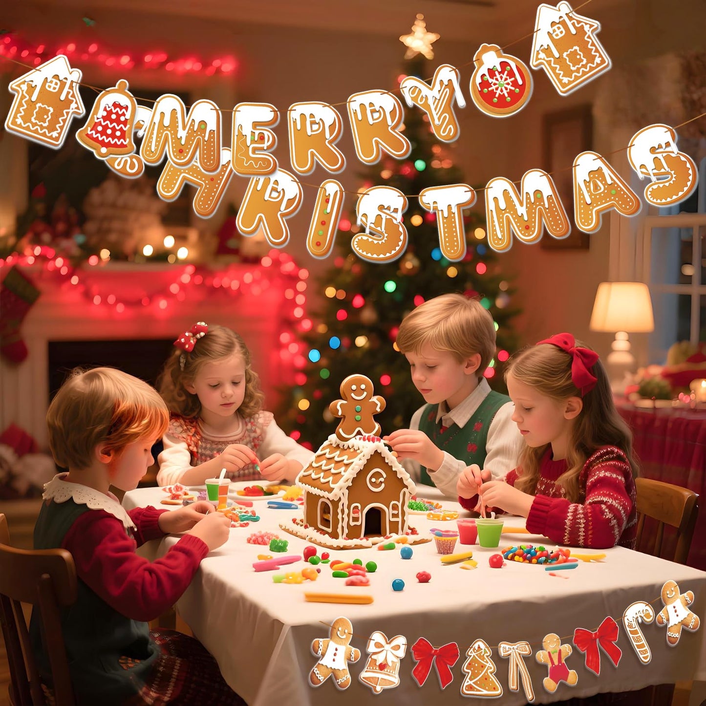 Merry Christmas Banner Gingerbread Christmas Hanging Decoration 3PCS Gingerbread Theme Garland Banner for Holiday Home Office Fireplace Wall Decor Outdoor Indoor Xmas Party Banner