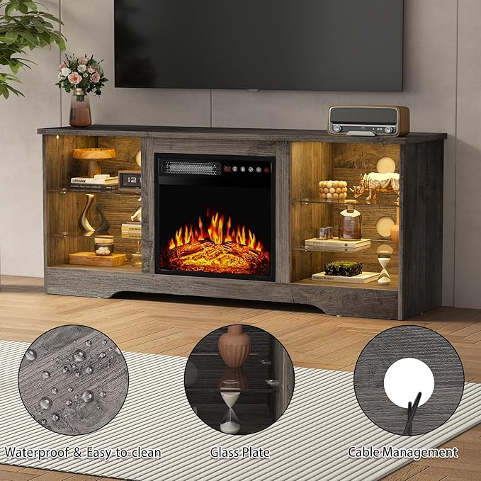 PRETZI Fireplace TV Stand with 18" Fireplace Up to 65" TVs, TV Media Console