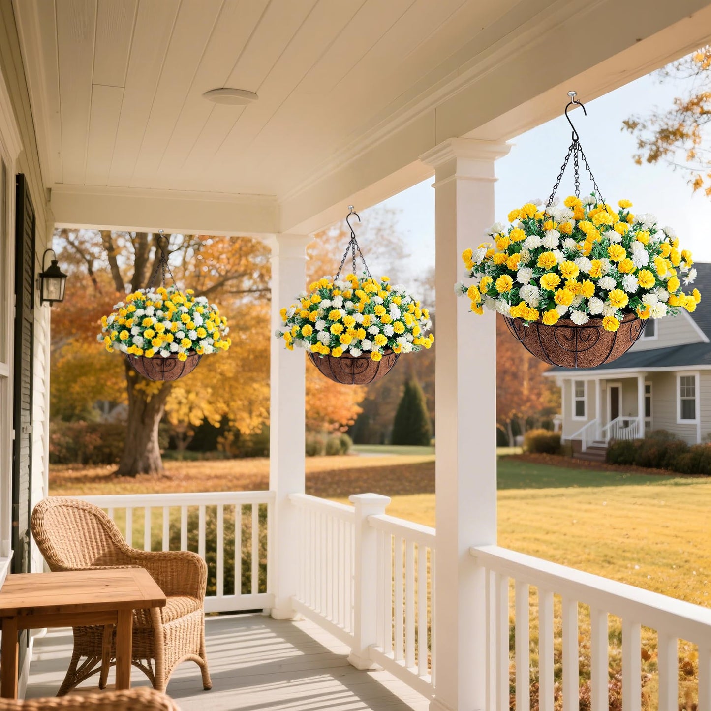 Artificial Hanging Flowers Basket for Spring Outdoors Decoration, Silk Mums Fake Flowers UV Resistant Look Real Daisy with Coconut Lining Baskets for Outside Porch Courtyard Decor(Yellow and White)
