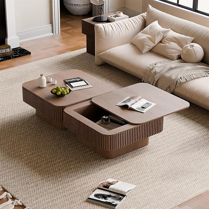 Square Coffee Table for Living Room, Fluted Drum Accent Tea Center Table
