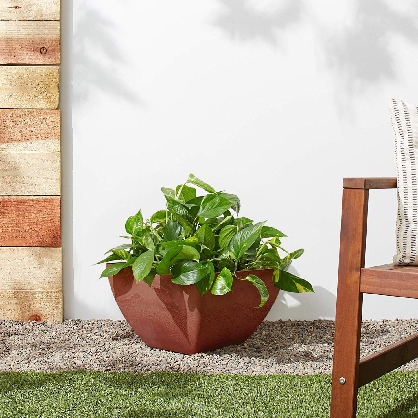 PSW Pot Collection 12x6 inch Plastic/Stone/Wood Composite Square Planter – No Drainage Hole (Drillable), Modern Indoor/Outer Pot for Flowers, Foliage, Succulents, Fairy Gardens Terra Cotta Color