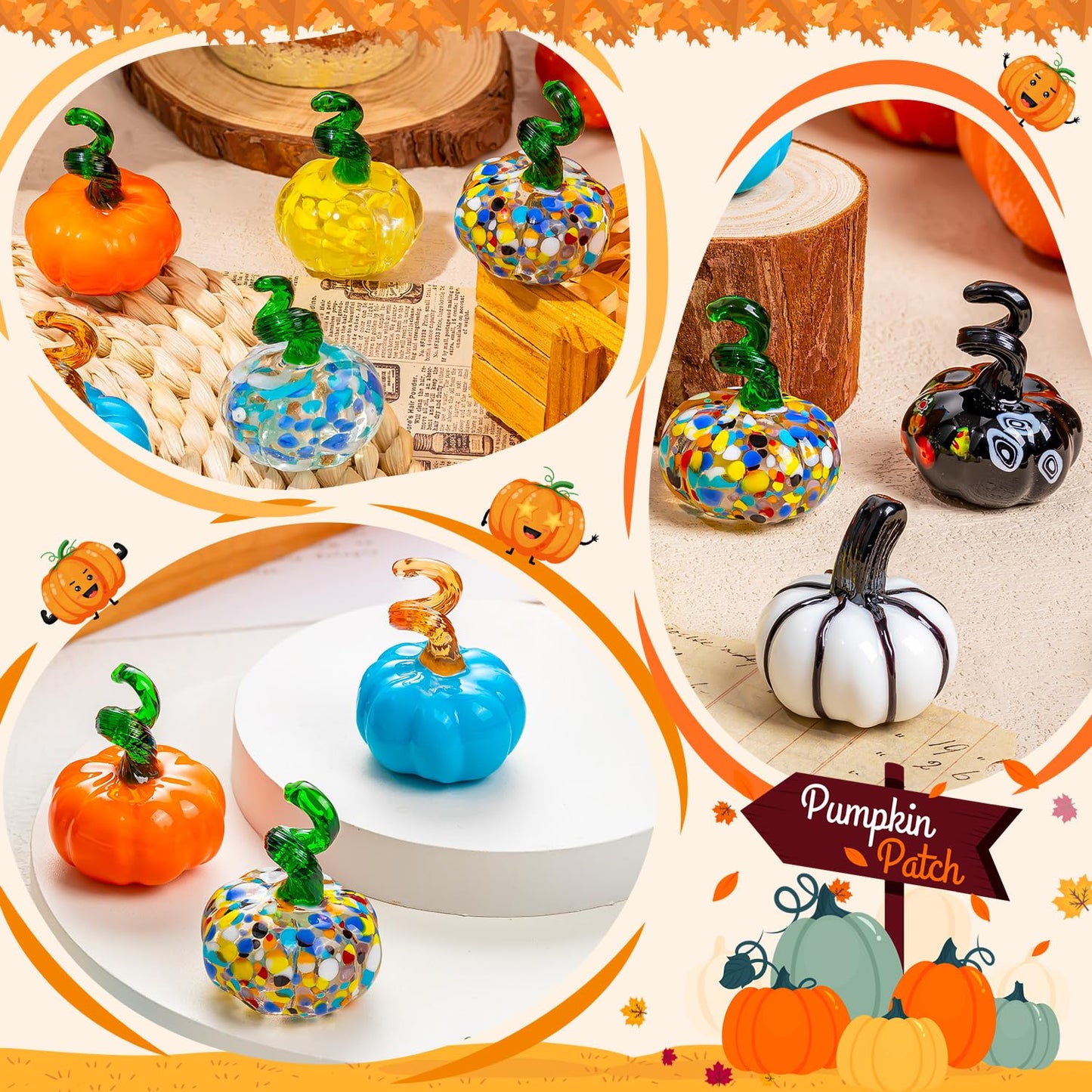ALDMIO 8 Pcs Blown Glass Mini Pumpkin Decor, Mini Halloween & Thanksgiving Figurines, Glass Pumpkin Decorations for Fall & Harvest