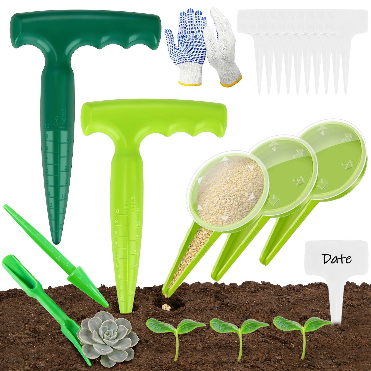 DRAINJH Mini Seed Spreader, 19 Pcs Seed Planter Tool Dispenser for Small Seeds, Hand Seeder Spreader with Plant Labels, Ergonomic Plastic Dibber Garden Tool and Gloves for Lawns