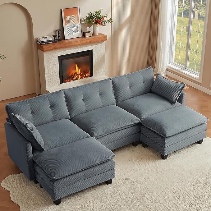 Amsleekey Modular Sectional Sofa, 111.5" U-Shaped Corduroy Comfy Sectional
