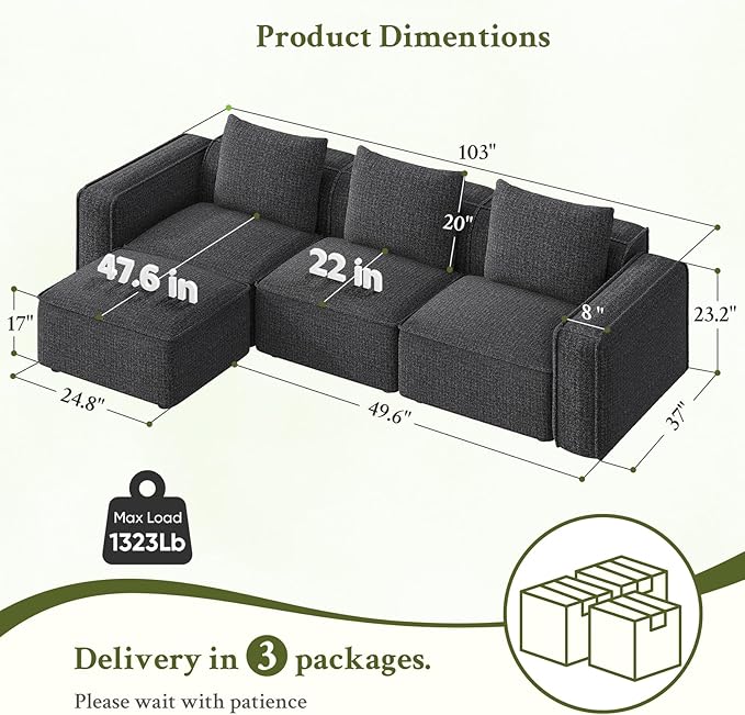 Welzona 103" Sectional Couch, Locked-in Modular Sectional Sofa, Wood Frame