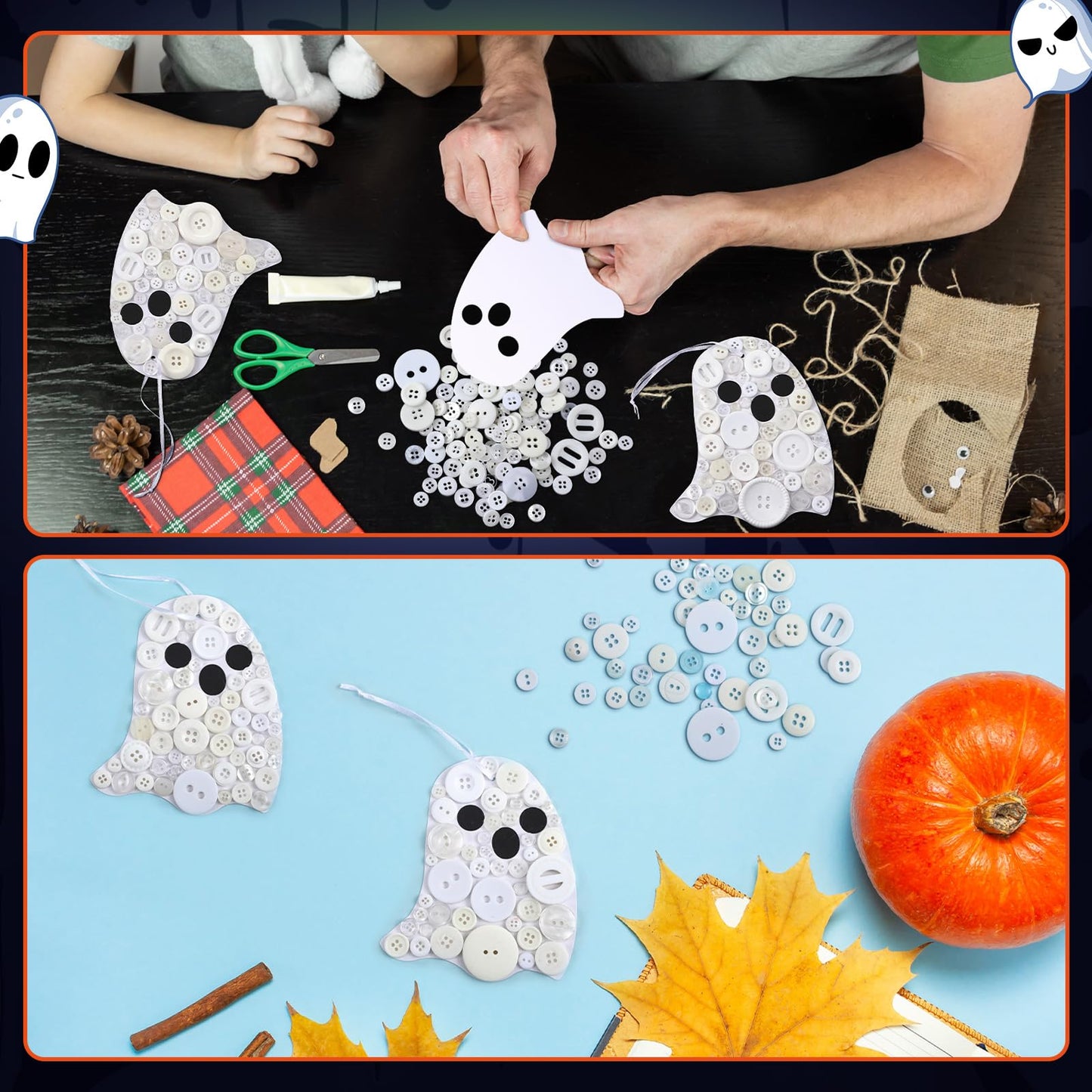 CraftyDream 12 Set Halloween Ghost Craft Kit Buttons Boo Halloween Ornament Craft Hanging Decoration for Horror Theme Party Favor DIY Home Activities