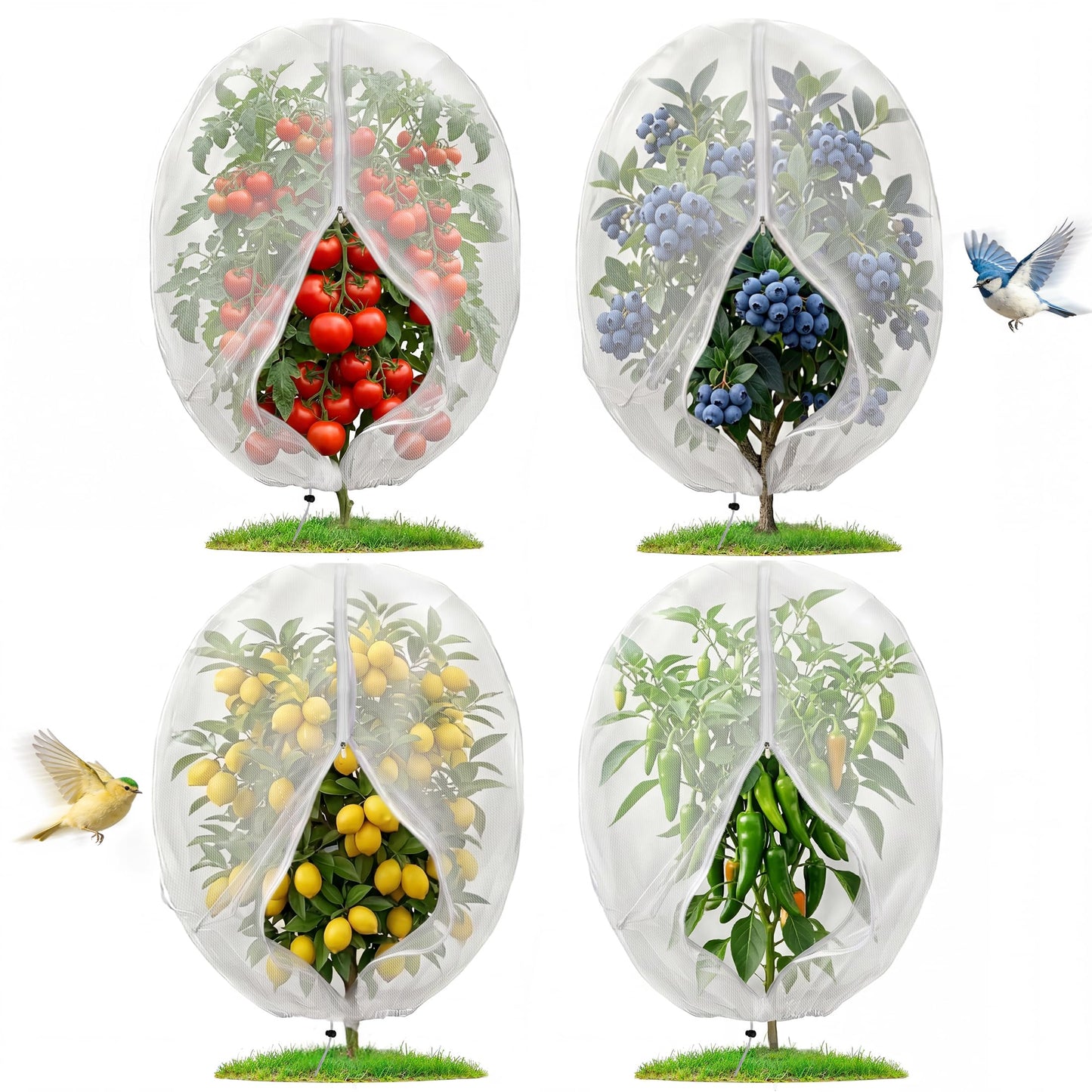 4PCS Insect Bird Barrier Mesh with Zipper Drawstring, Blueberry Bush Netting Cover Insect Bird Netting Tomato Protective Cover Garden Mesh Netting for Vegetables, Fruits, Trees, 3.94Ft x 4.92Ft