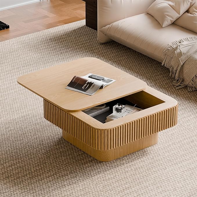 Square Coffee Table for Living Room, Fluted Drum Accent Tea Center Table