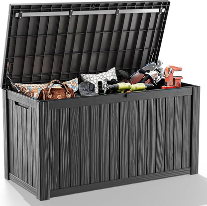180 Gallon Outdoor Deck Box, Lockable Waterproof Outdoor Storage Boxes For Garden Tools,Indoor Cushions,Accessories Outside Storage Resin Weatherproof Container(Black)