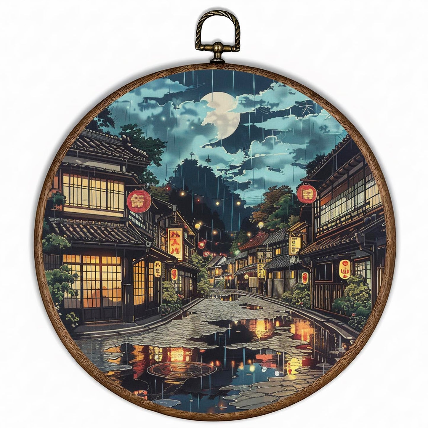 365CUSGIFTS Japanese Tokyo Round Wall Art Decor, Wall Art Hanging Decor, Fall Halloween Wall Art, Framed Canvas Artwork for Home Living Room, 10x10in, Gift Idea for Friend
