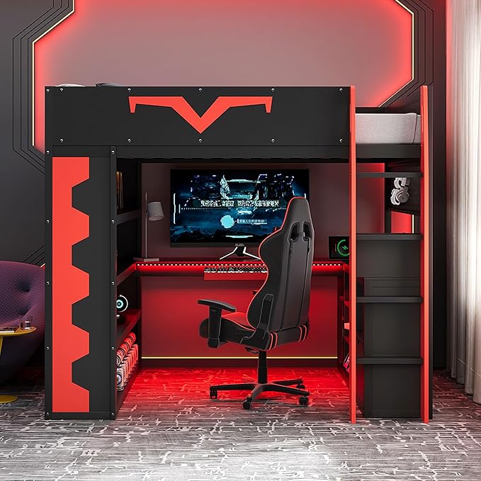 Full Size Gaming Loft Bed with Integrated Desk & RGB LED Lights, Pro-Gamer Bunk