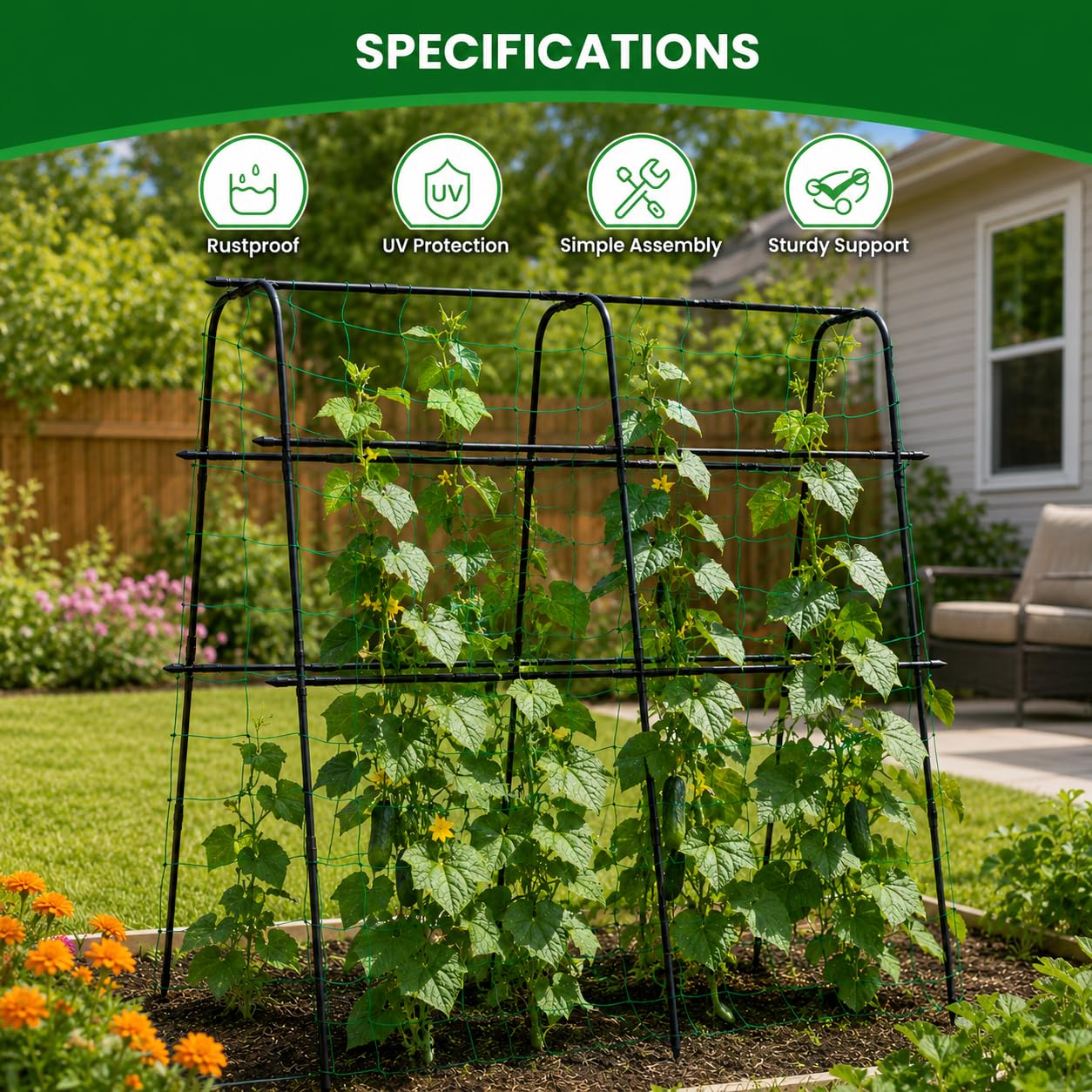 Garden Trellis for Climbing Plants Outdoor, 5.3x5.3ft Garden Trellis Climbing Plant Support Plastic-Coated Metal U-Shaped Vine Vegetables Tomato Cucumber Trellis Raised Bed, with Netting, Black