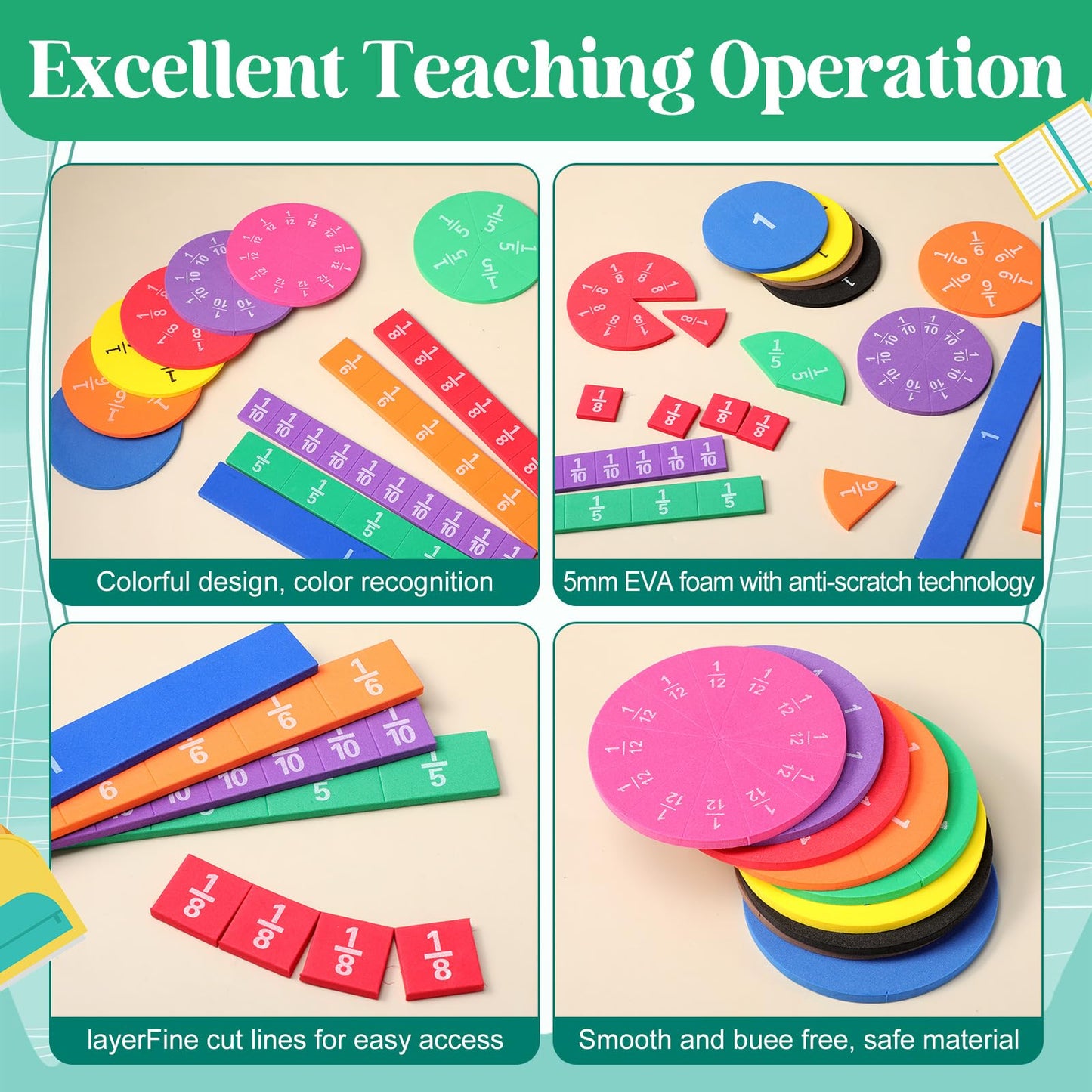 Sayglossy 6 Sets Fraction Tiles Circles Set for Math Fractions Manipulatives Math Manipulatives for Home Supplies