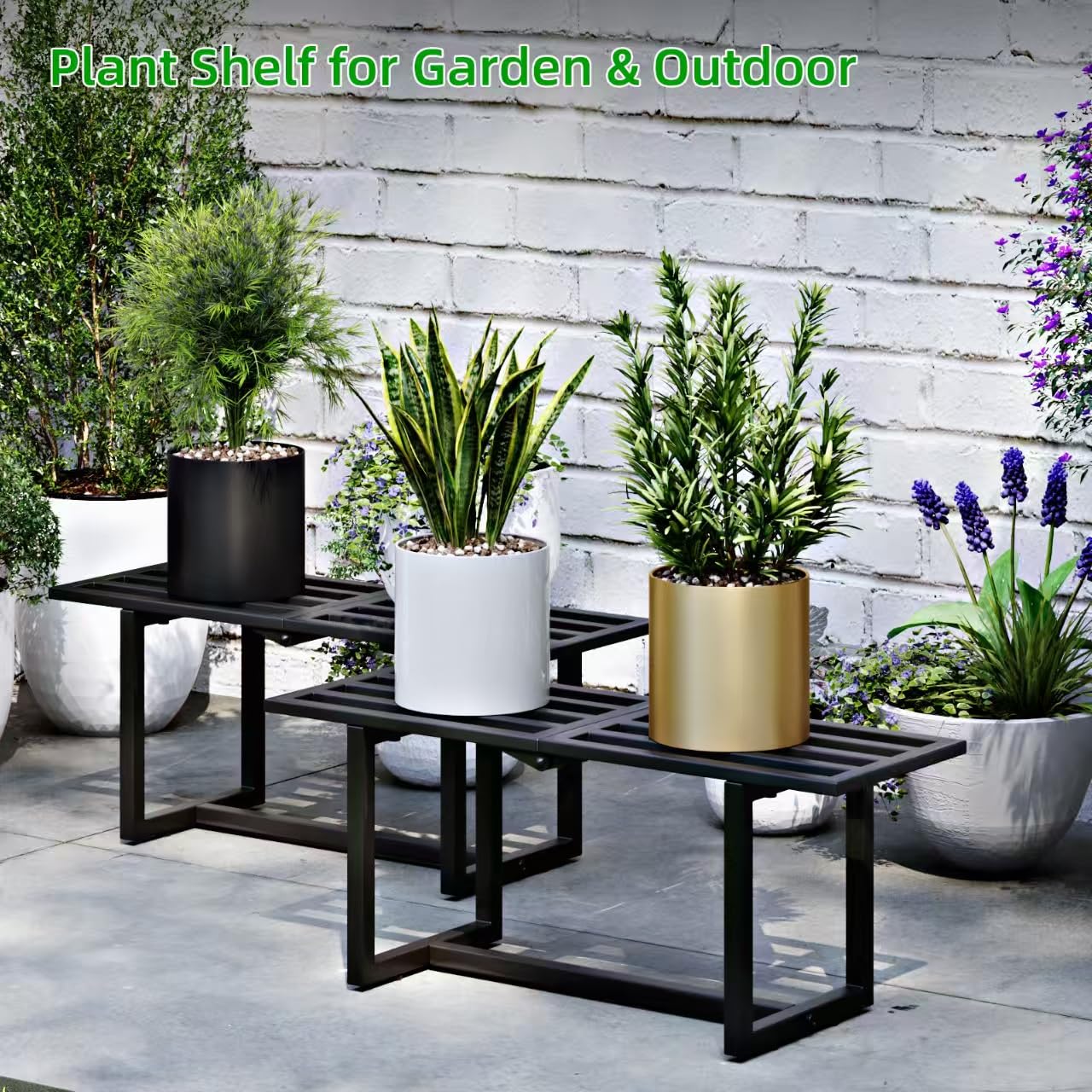 Rioneta Plant Stand Indoor Outdoor, Foldable Metal Plant Shelf for Multiple Pots, Mid Century Slatted Bench for Patio Garden, Heavy Duty Capacity 330 lbs 2 Pack Black
