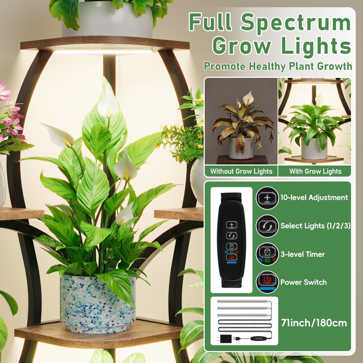 LATIBELL 72'' Tall Corner Plant Stand Indoor with Grow Light - 11 Tiered Metal Plant Shelf for Indoor Plants, Curved Display Rack Capable of Holding Large Pots in Living Room, Patio & Balcony, Black