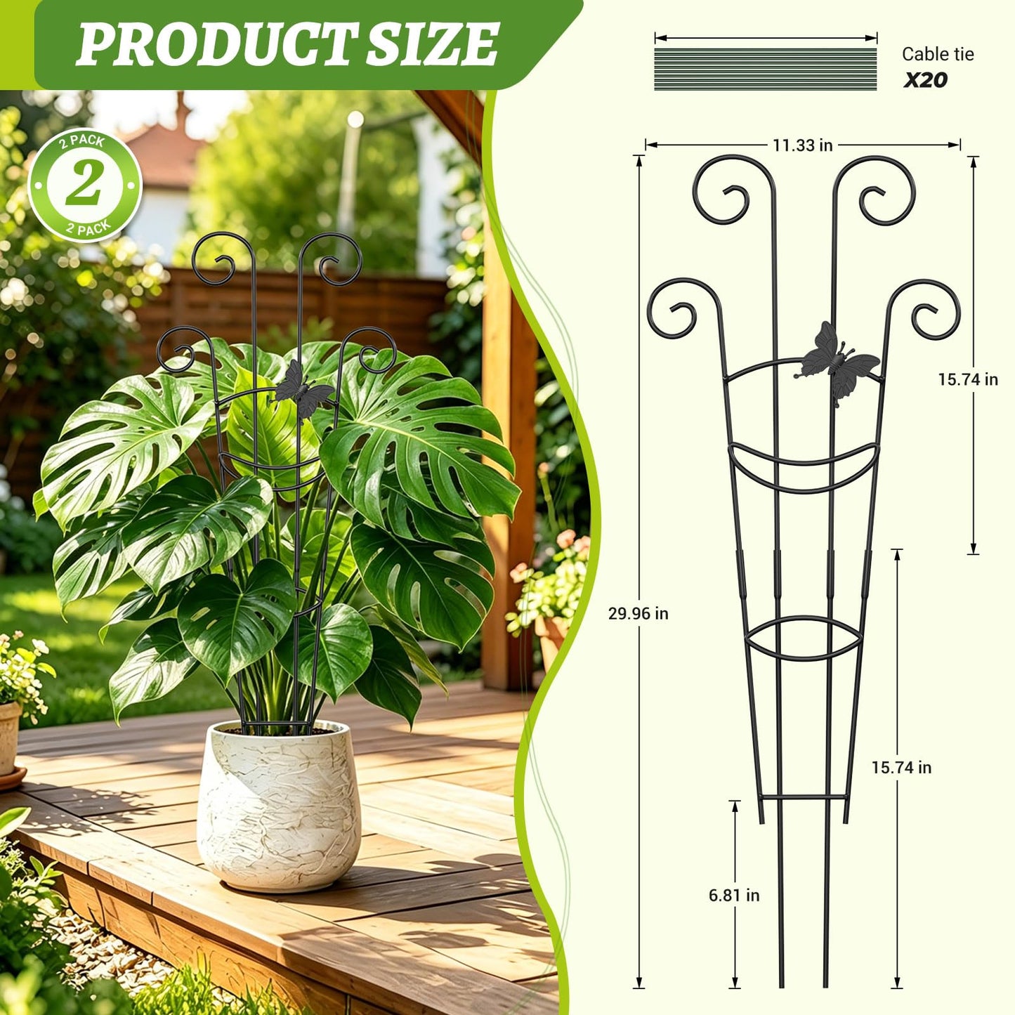 CZMIYRPY Plant Trellis 2 Pack Trellis for Potted Plants 29.96 in Trellis for Climbing Plants Indoor Plant Support Expandable Metal Monstera Plant Support for Pothos Ivy with Plant Ties