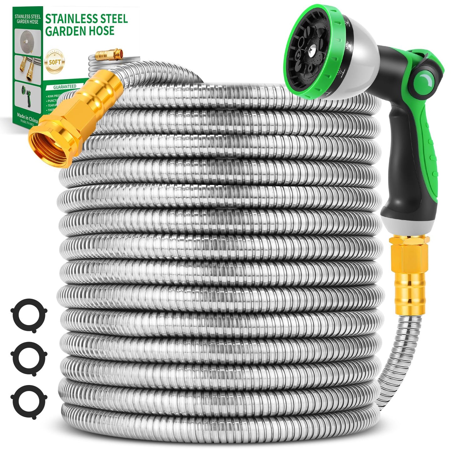 Garden Hose 50FT, Flexible Stainless Steel Metal Water Hose with 10-Function Nozzle, No-Kink, Leak-Proof, Wear-Resistant, 3/4 GHT, Easy to Use and Store for Garden, Yard, Lawn, Outdoor