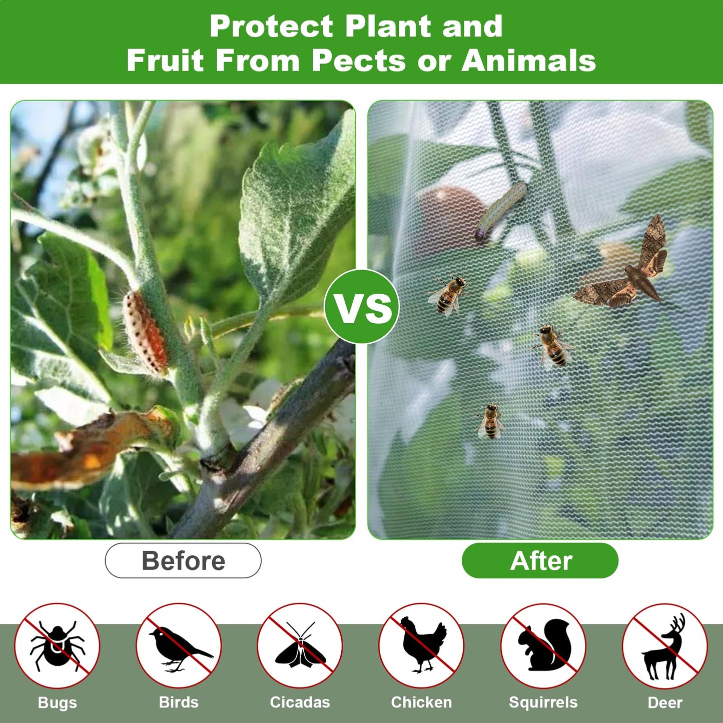 Large Fruit Tree Netting, 2 Pack 10x10Ft Garden Netting Pest Barrier Mesh Covers Bags with Zipper and Drawstring Insect Bird Cover Netting Plant Protection Covers for Vegetables Bushes