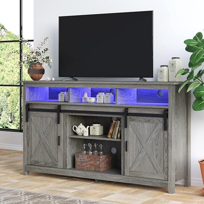 LED Farmhouse TV Stand for 65 inch TVs, Rustic Entertainment Center TV Cabinet