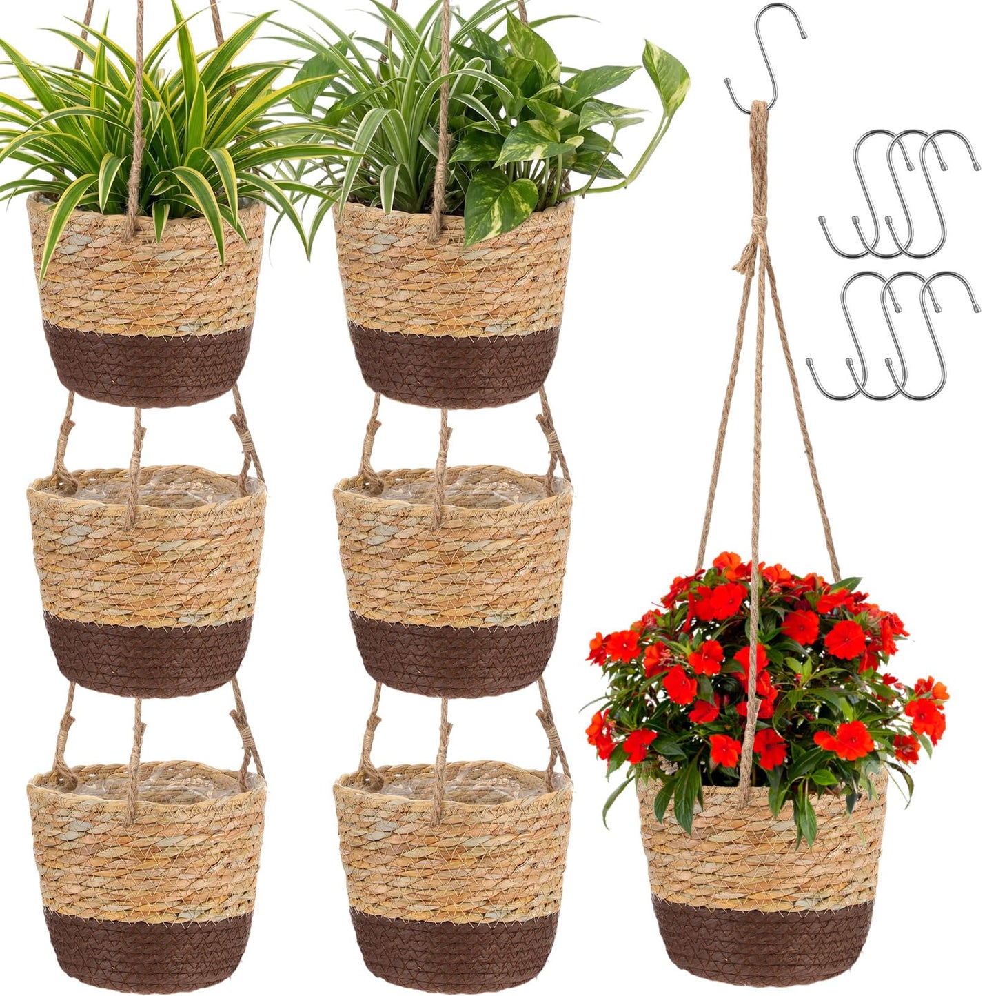 Ferrochef 6 Pcs Seagrass Hanging Planter Basket Hand Woven Plant Basket with Plastic Liners Hanging Plant Holder Storage Containers with Cotton Rope for Indoor Garden Decor (Small,Brown,Coffee Brown)