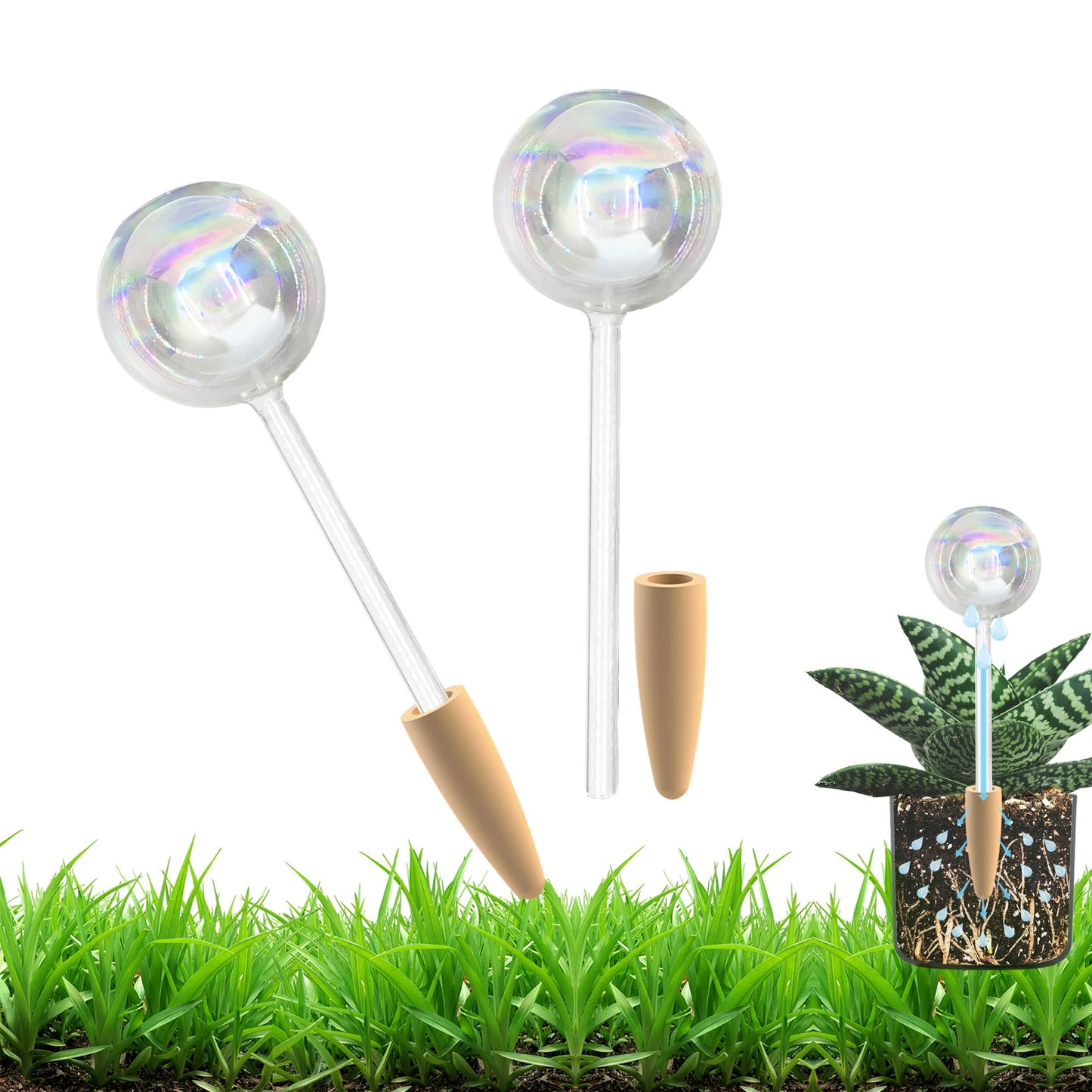 HyJeryty Non-Clogging Iridescent 2 Pack Ball Plant Watering Globes with Terracotta Spikes, Hand Blown Glass Self Watering Planter Insert Plant Watering Devices Bulbs for Indoor and Outdoor Plants