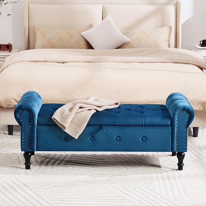 Storage Bench for Bedroom, Velvet 51" End of Bed Bench, Queen Size Bench