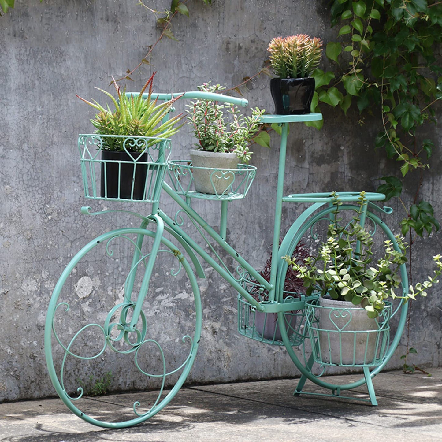 piudoiliy Plant Stand,Bicycle Planter Display Rack,with 4 Baskets Outdoor Garden Plant Holder,for Home Deck Garden Patio (Green)