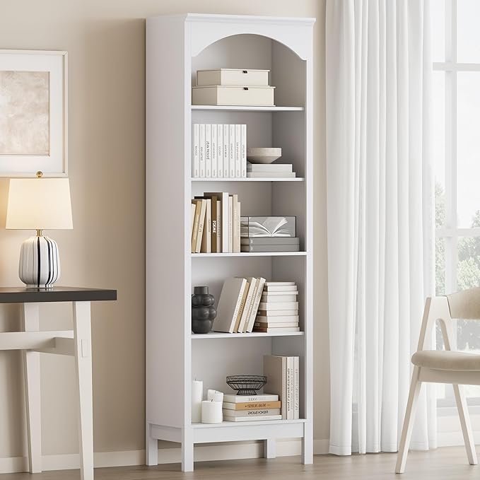 Arched Bookshelf with 5 Tier Open Shelves, Study and Living Room, Modern White