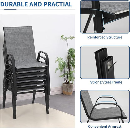 PIZZELLO Patio Chairs Set of 6 - Outdoor Stackable Dining Chairs for All Weather - Lightweight Textilene Outdoor Chair Sets with Armrests - 330Lbs Capacity - for Backyard Garden Porch Poolside (Grey)