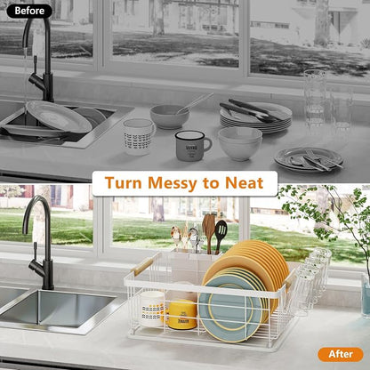 Dish Drying Rack White with Diatomaceous Earth 1 Tier,Multifunctional Dish Racks for Kitchen Counter Quick-Drying,Large Capacity Space Saving with Cutlery Cups Holder
