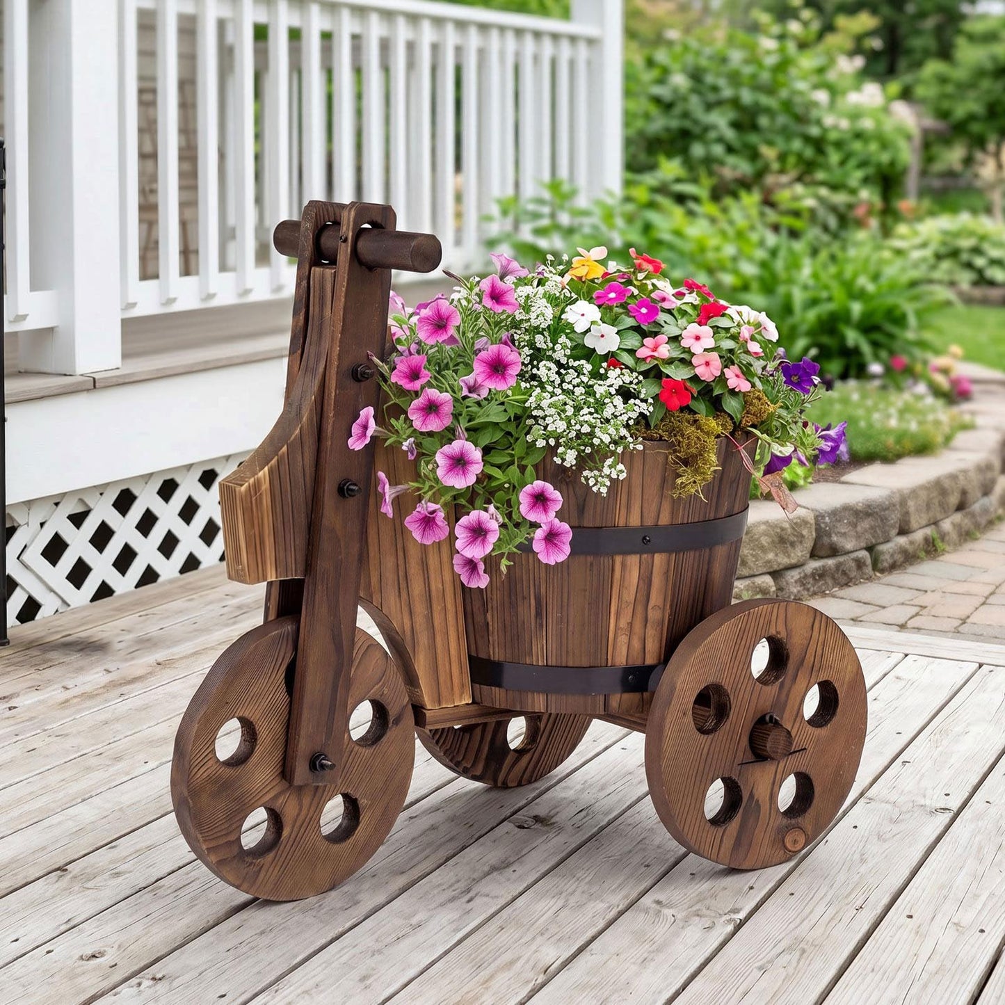Giantex Wooden Wagon Planter with Wheels, Rustic Wood Plant Stand with 3 Wheels & Drainage Hole for Flowers Herbs Vegetables, Indoor Outdoor Decorative Garden Flower Cart for Patio Backyard (1)