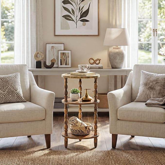 HOOBRO Round Side Table for Small Space, 3-Tier Small Round End Table