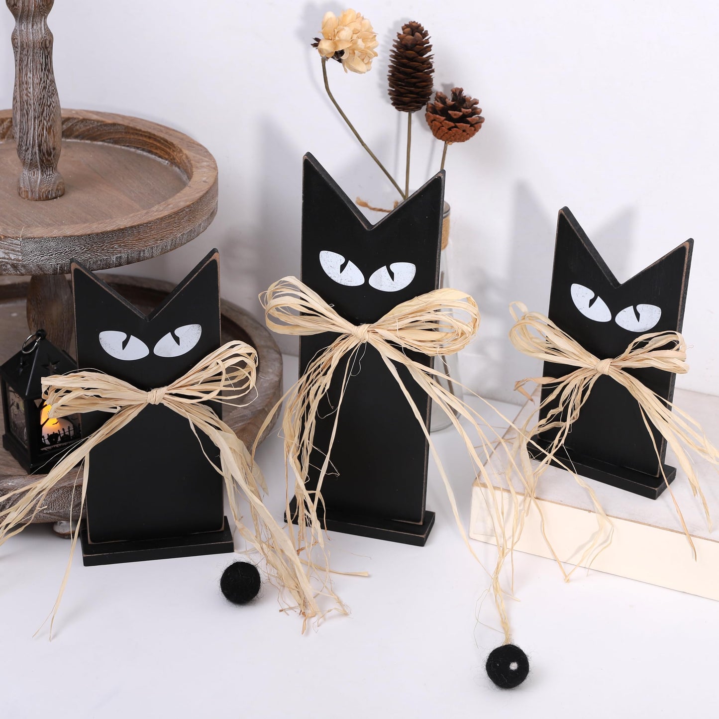 Set of 3 Wooden Black Cats Table Decor – Rustic Halloween Decorations, Tiered Tray Accents, Farmhouse Spooky Black Cat Figurines in 3 Sizes