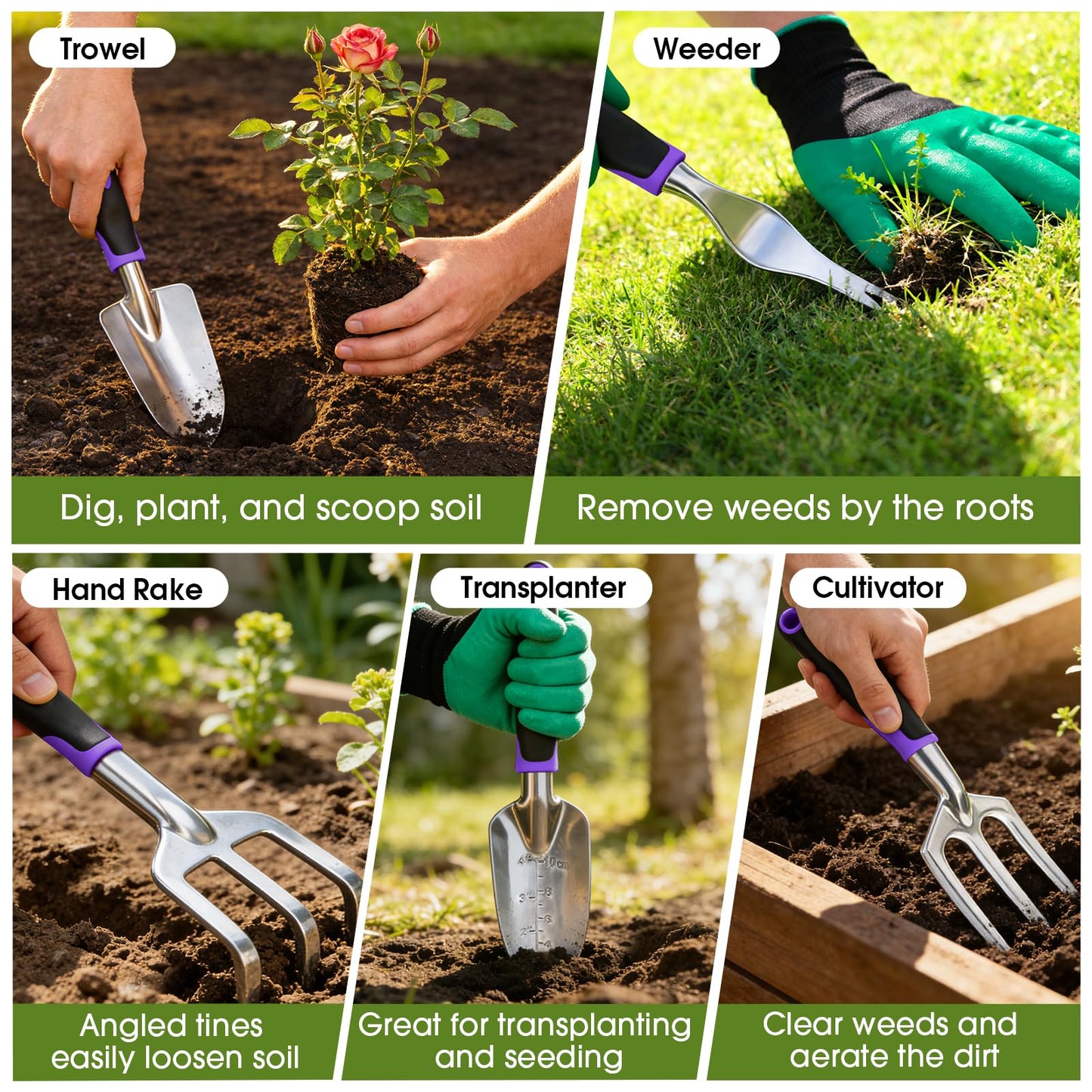 WOWBOX Garden Tools Set - 10 PCS, Heavy Duty Gardening Hand Tools Kit with Storage Tote, Rust-Resistant Gardening Supplies for Planting with Non-Slip Ergonomic Handle for Women and Men (Purple)