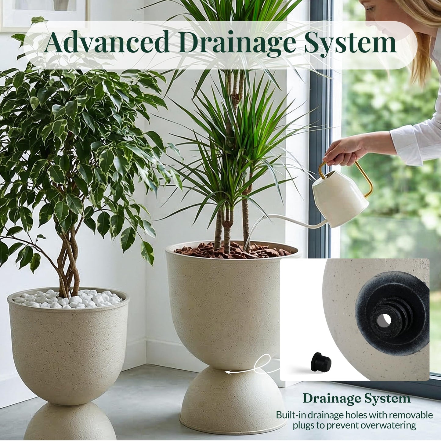 KOL Planters Flower Pots, Large Plastic Urn Planters for Indoor Outdoor Plants, Beige Pedestal Planter 2 Pack, 18 Inch+23 Inch, Decorative Planters with Drainage Holes & Plugs for Porch Garden