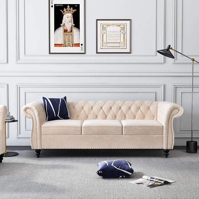 Mid-Century 3 Seater Sofa, Velvet Couch