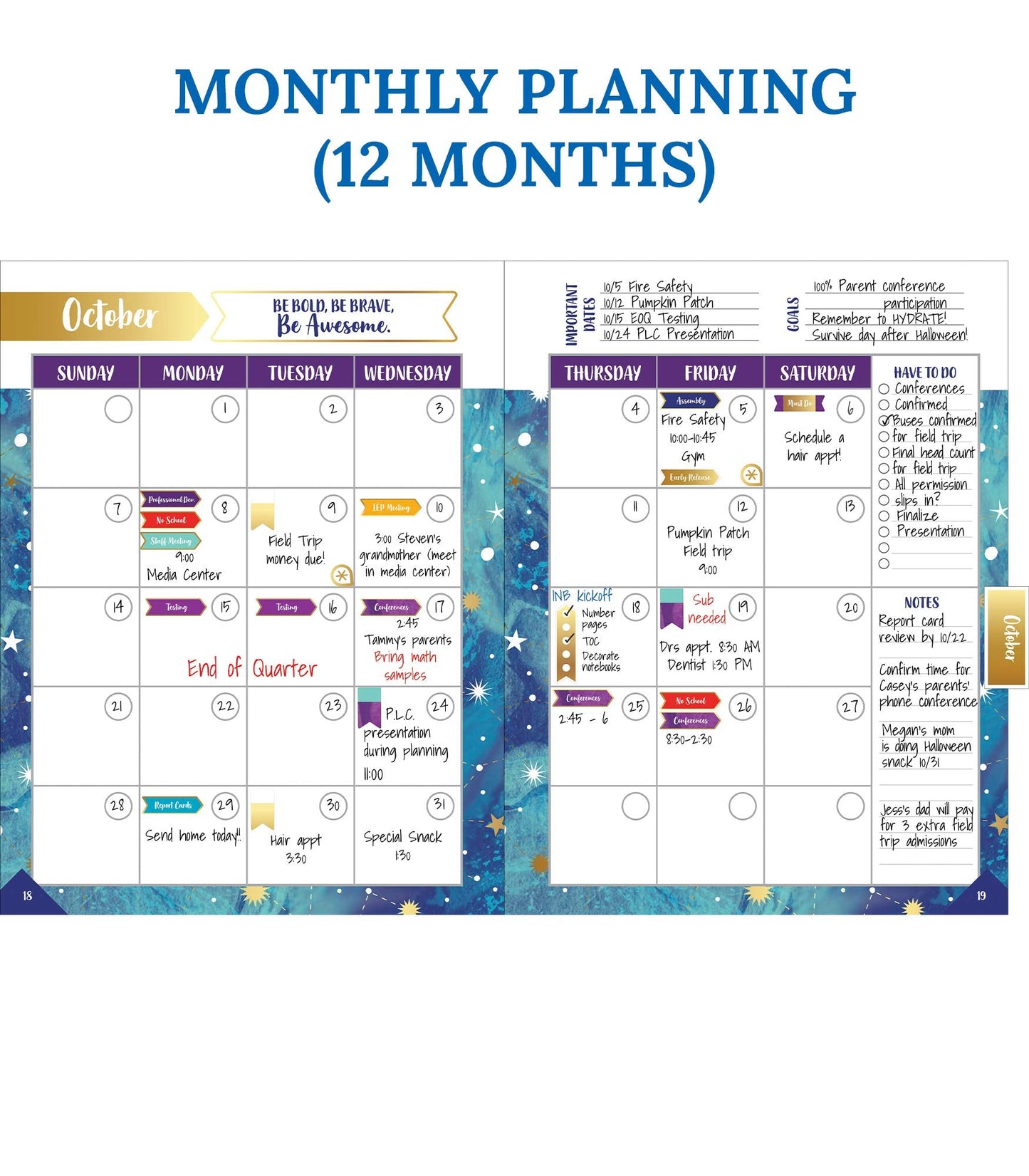 Carson Dellosa Galaxy Teacher Planner, 8" x 11" Space Theme Spiral Bound Lesson Plan Book With Stickers, Checklist, Notes, School Supplies for Classroom Organization