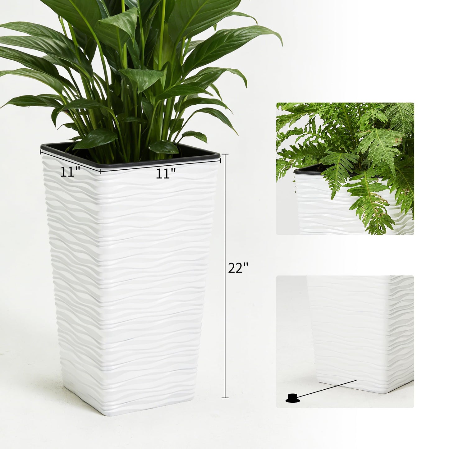 Worth 2 Pack 22" Tall Plastic Square Tapered Planter with Inside Pots for Indoor or Outdoor Use, Modern Wavy Finish for Front Porch or Deck, White