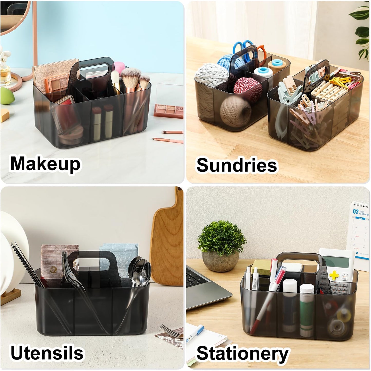 Multiuse Caddy Organizer with Handle, Portable Plastic Tote Bin - Art Craft, Stationary Pen Marker Crayons, Makeup Hair Supplies Storage - Bathroom, Classroom, Dorm, Office, Desk Holder - Clear Black