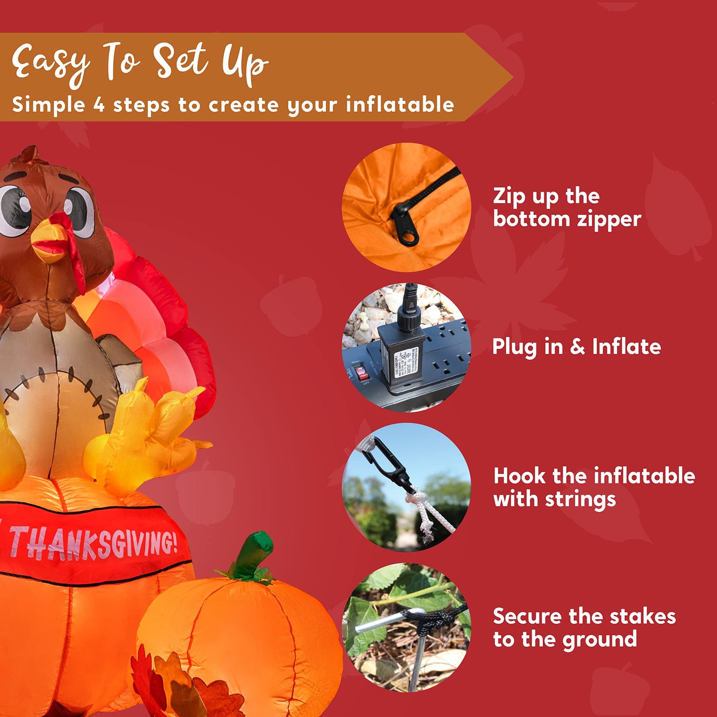 Joiedomi 6 ft Thanksgiving Inflatable Turkey on Pumpkin Decoration, LED Light Up Blow Up Turkey for Autumn Thanksgiving Family Party Décor, Halloween Inflatable for Yard Garden