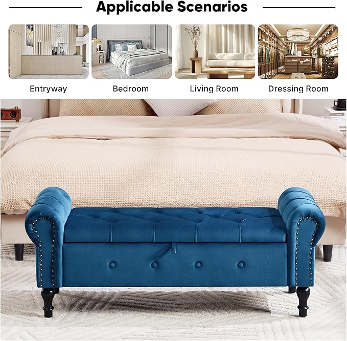 Storage Bench for Bedroom, Velvet 51" End of Bed Bench, Queen Size Bench