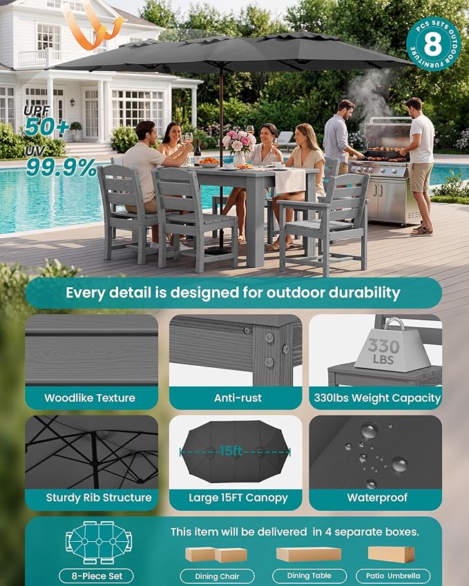 SERWALL Patio Dining Set with 15FT Double Side Umbrella, Outdoor Dining Sets